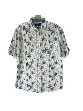 MB Michael Brandon Hawaiian Shirt Large White Blue Casual Slim Fit Summer